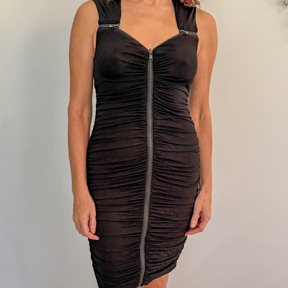 bebe Black Ruched Zip-Front Bodycon Dress – Size Small - Picture 1 of 6